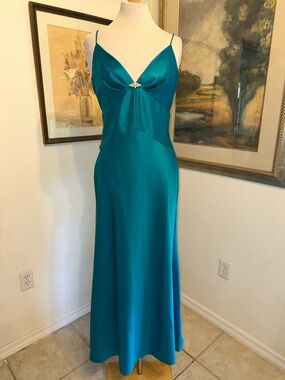 Jessica McClintock for Gunne Sax Teal Satin Slip Gown w/ Jewel SZ 9/10
